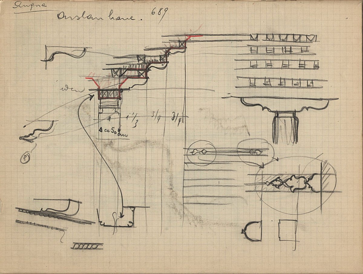 Sedad Hakkı Eldem’in, Arslanhane Camii ahşap tavan detayı çizimleri, muhtemelen 1926.

Salt Araştırma Arşivi.