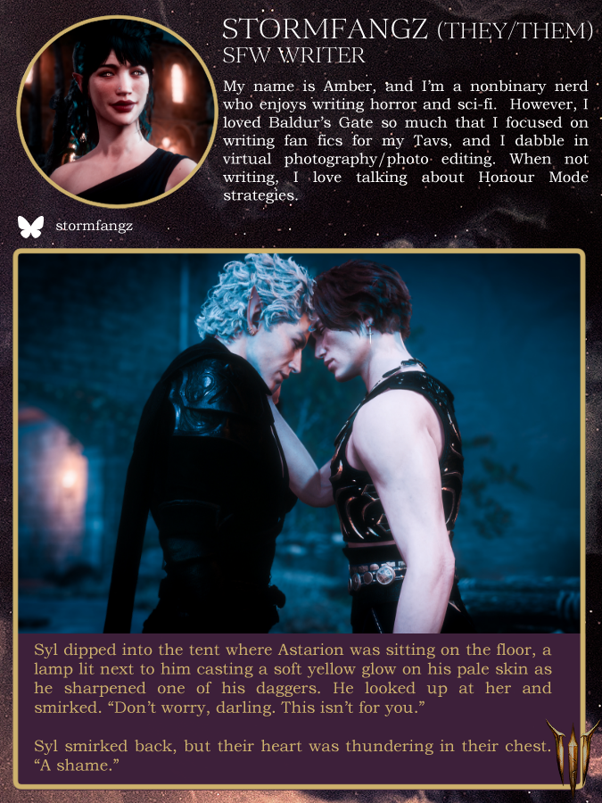 lastlightinn's tweet photo. 💜Echoes of Devotion - Contributor Spotlight💜
We're so happy to be working with stormfangz on🦋for this project as one of our SFW writer!
#EchoesofDevotion #bg3 #bg3zine https://t.co/KgRHQZ8Fv6