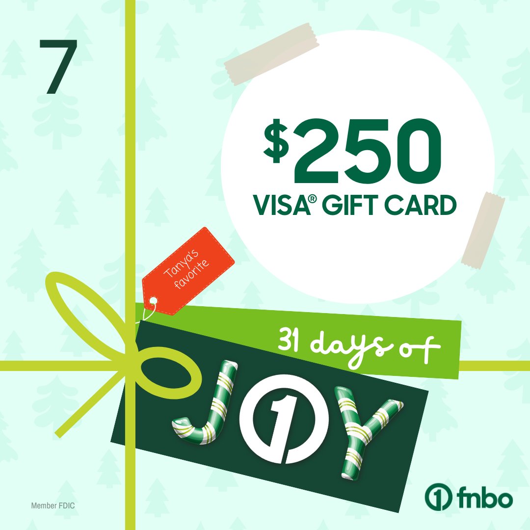 fnbo's tweet photo. Day seven of 31 Days of Joy is here, and we’re feeling generous! 🎉 Today’s gift is a $250 gift card, ready to help you treat yourself or someone special this holiday season! For a chance to win, like and follow FNBO on Facebook! #31daysofjoy https://t.co/NjJFHf56Ay