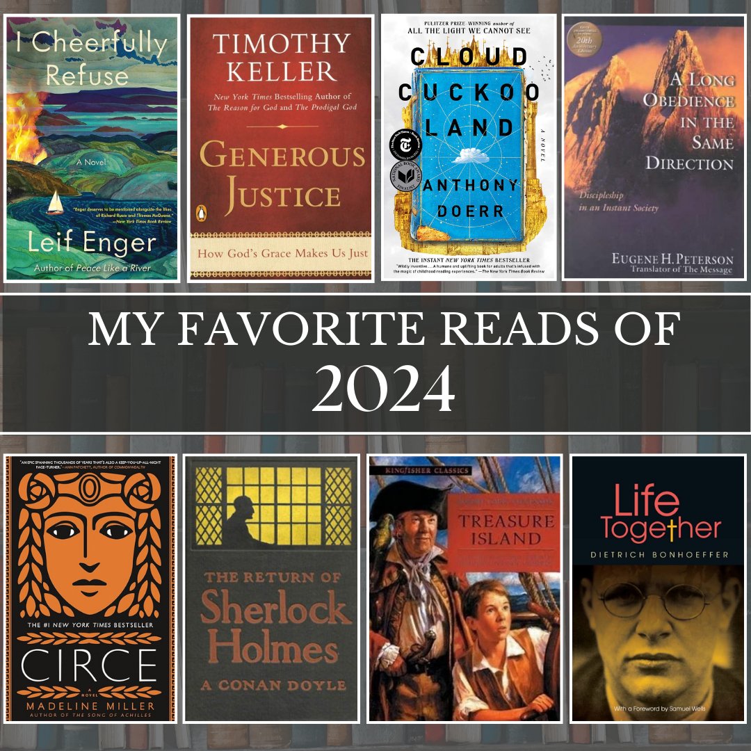 Brian Franklin (@brfranklin4) on Twitter photo My favorite reads of 2024!
1. Recent stunning novels from Leif Enger, <a href="/DoerrTorresal/">Anthony Doerr</a> & Madeline Miller.
2. Keller, Peterson & Bonhoeffer - guiding me into love & justice even after they've gone.
3. Treasure Island & The Return of Sherlock Holmes- favorite authors to read again :) My favorite reads of 2024!
1. Recent stunning novels from Leif Enger, <a href="/DoerrTorresal/">Anthony Doerr</a> & Madeline Miller.
2. Keller, Peterson & Bonhoeffer - guiding me into love & justice even after they've gone.
3. Treasure Island & The Return of Sherlock Holmes- favorite authors to read again :)