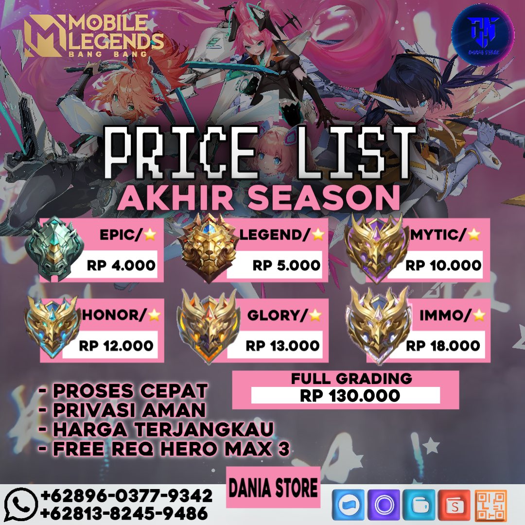 DaniaStore14's tweet photo. @vkarinwa Masih need ga kak? sung gas kak,
keamanan pasti terjaga,  Di kerjakan oleh penjoki profesional 🤩 Satset anti wlwl, kita juga terima joki global rank season besok nihh.
Bisa req hero
Info lebih lanjut https://t.co/zYKJEcnlfF https://t.co/PsAcEvKNTf