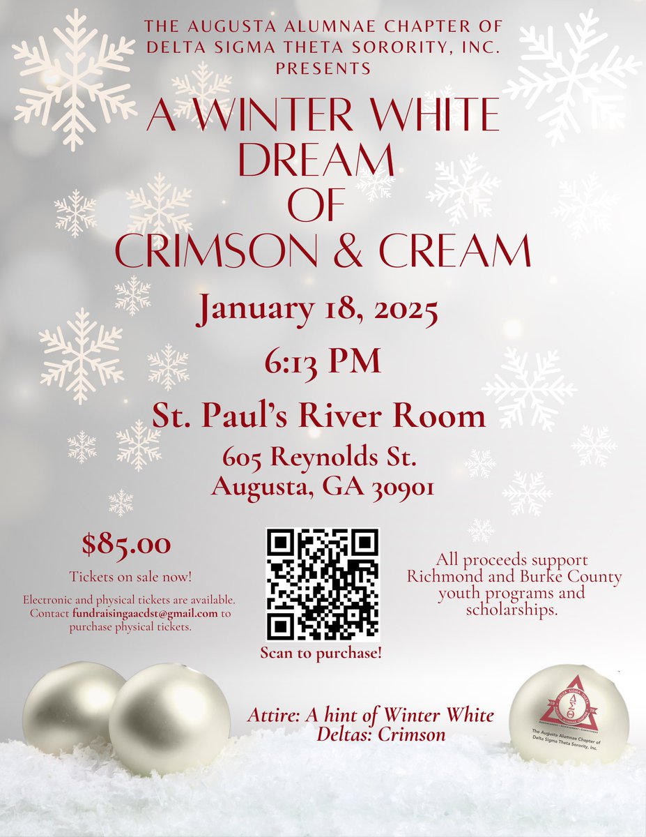 🎉 You’re Invited! 🎉

Join the Augusta Alumnae Chapter of Delta Sigma Theta Sorority, Inc. for A Winter White Dream of Crimson &amp; Cream ❄️❤️

✨ Dress to impress with a hint of Winter White – and for Deltas, it’s all about Crimson!

form.jotform.com/243388718427165 

#AAC_DST