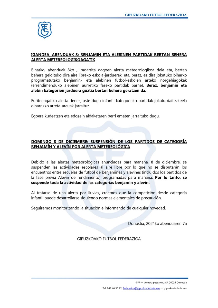🚨 Biharko benjamin eta alebin partidak bertan behera geratu dira.

#BetiArmaginak⚔️