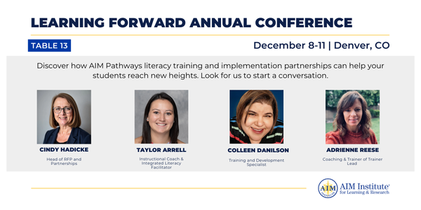 AIMtoLearn's tweet photo. The AIM Team is heading to Denver! 🌟 We are proud to sponsor the @LearningForward Annual Conference, happening December 8–11. Looking forward to connecting with fellow literacy leaders, sharing ideas, and exploring innovative evidence-based approaches together.

#LearnFwd24 https://t.co/ZFjEqMZt0x