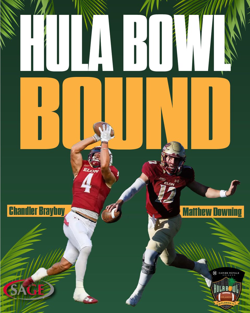 Hula Bowl (@hula_bowl) on Twitter photo Hula Bowl Bound! ๐๐ผ
<a href="/ChandlerBrayboy/">Brayboy</a> and <a href="/mdown7ng/">Matthew Downing</a> has officially accepted their invite to the Caribe Royale Orlando 2025 Hula Bowl All-Star Game!
#AED | #HulaBowl2025 ๐
<a href="/ElonFootball/">Elon Football</a> <a href="/SAGECards/">SAGE Collectibles</a> <a href="/cariberoyale/">Caribe Royale Orlando</a> <a href="/NFL/">NFL</a> <a href="/CoachScottFB/">Coach Scott Phillips</a> Hula Bowl Bound! ๐๐ผ
<a href="/ChandlerBrayboy/">Brayboy</a> and <a href="/mdown7ng/">Matthew Downing</a> has officially accepted their invite to the Caribe Royale Orlando 2025 Hula Bowl All-Star Game!
#AED | #HulaBowl2025 ๐
<a href="/ElonFootball/">Elon Football</a> <a href="/SAGECards/">SAGE Collectibles</a> <a href="/cariberoyale/">Caribe Royale Orlando</a> <a href="/NFL/">NFL</a> <a href="/CoachScottFB/">Coach Scott Phillips</a>