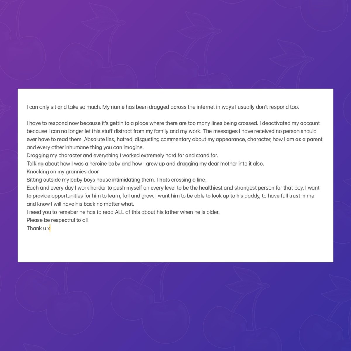 PopBase's tweet photo. Barry Keoghan shares statement on why he deactivated his Instagram:

“I deactivated my account because I can no longer let this stuff distract from my family and my work. The messages I have received no person should ever have to read them. Absolute lies, hatred, disgusting commentary about my appearance, character, how I am as a parent and every other inhumane thing you can imagine. Dragging my character and everything I worked extremely hard for and stand for. Talking about how I was a heroine baby and how I grew up and dragging my dear mother into it also. Knocking on my grannies door. Sitting outside my baby boys house intimidating them. Thats crossing a line. Each and every day I work harder to push myself on every level to be the healthiest and strongest person for that boy. I want to provide opportunities for him to learn, fail and grow. I want him to be able to look up to his daddy, to have full trust in me and know I will have his back no matter what.
I need you to remeber he has to read ALL of this about his father when he is older.”