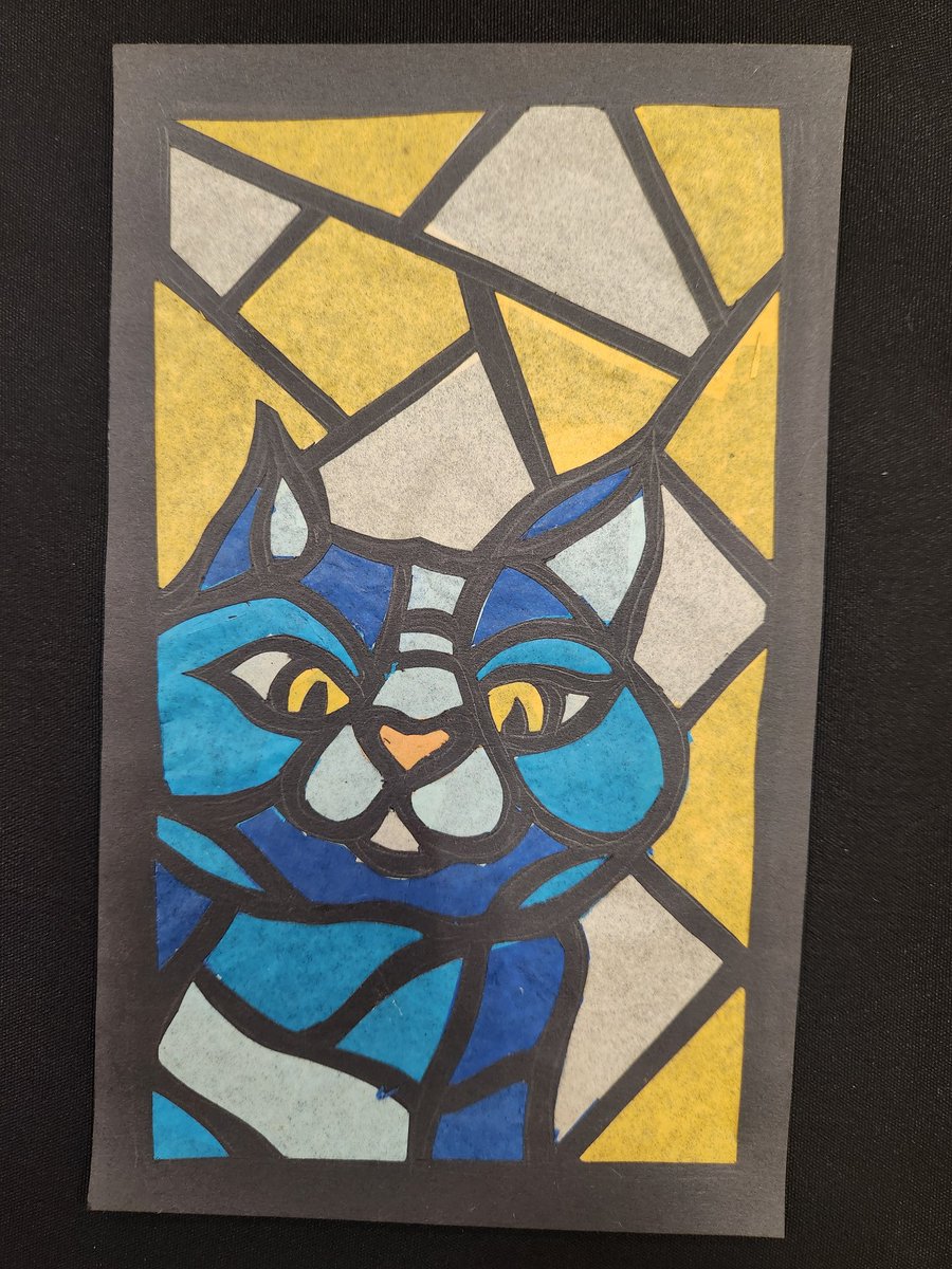 BryantWeiner's tweet photo. A fun paper tissue faux stain glass lesson to share with my students presented by @ArtTeacher96 during today's Peer to Peer with @KedcARTS @KEDCGrants. Love my kitty 😺 #leadingwiththearts @DrJWEvansJr @KingWendy_m https://t.co/aQ4DNeEwzT