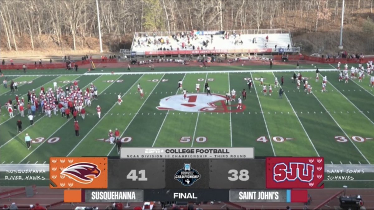 FrankRossi's tweet photo. With the win by @SURiverHawksFB over Saint John’s, it means that Susquehanna would HOST @BethelRoyalsFB in the Quarterfinals. Susquehanna was the 4th team in Region 2, while Bethel was the 5th team in Region 6 — which matters for these decisions. @D3FBHuddle #d3fb https://t.co/enX6QpdUqF