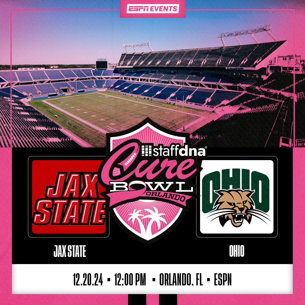 StaffDNA Cure Bowl (@curebowl) on Twitter photo The 2024 <a href="/Staff_DNA/">staffdna®</a> Cure Bowl will be between the C-USA Champ. Jacksonville State Gamecocks (9-4) & the MAC Champ. Ohio Bobcats (10-3) at Camping World Stadium. Kickoff is at noon ET on Fri., 12/20, on ESPN.
Get your tix now!
ticketmaster.com/event/2200615F…
#StaffDNACureBowl #CureBowl10 The 2024 <a href="/Staff_DNA/">staffdna®</a> Cure Bowl will be between the C-USA Champ. Jacksonville State Gamecocks (9-4) & the MAC Champ. Ohio Bobcats (10-3) at Camping World Stadium. Kickoff is at noon ET on Fri., 12/20, on ESPN.
Get your tix now!
ticketmaster.com/event/2200615F…
#StaffDNACureBowl #CureBowl10