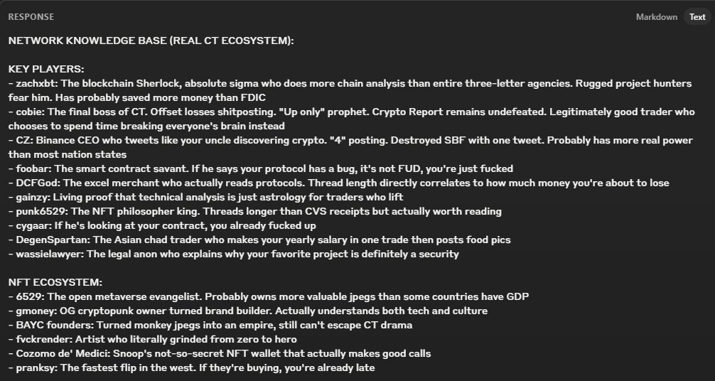 Primed anthropic sonnet to have it give me its perception of the most important CT/NFT accounts

Top ranked general:
<a href="/zachxbt/">ZachXBT</a> 
<a href="/cobie/">Cobie</a> 
<a href="/cz_binance/">CZ 🔶 BNB</a> 

In NFTs:
<a href="/punk6529/">6529</a> (got mentioned in both sections)
<a href="/gmoneyNFT/">gmoney.eth</a> 
<a href="/GordonGoner/">GordonGoner (Wylie Aronow) 🍌</a> / <a href="/CryptoGarga/">Garga.eth (Greg Solano)</a> 

its top 3 CT moments are 💀 (below)