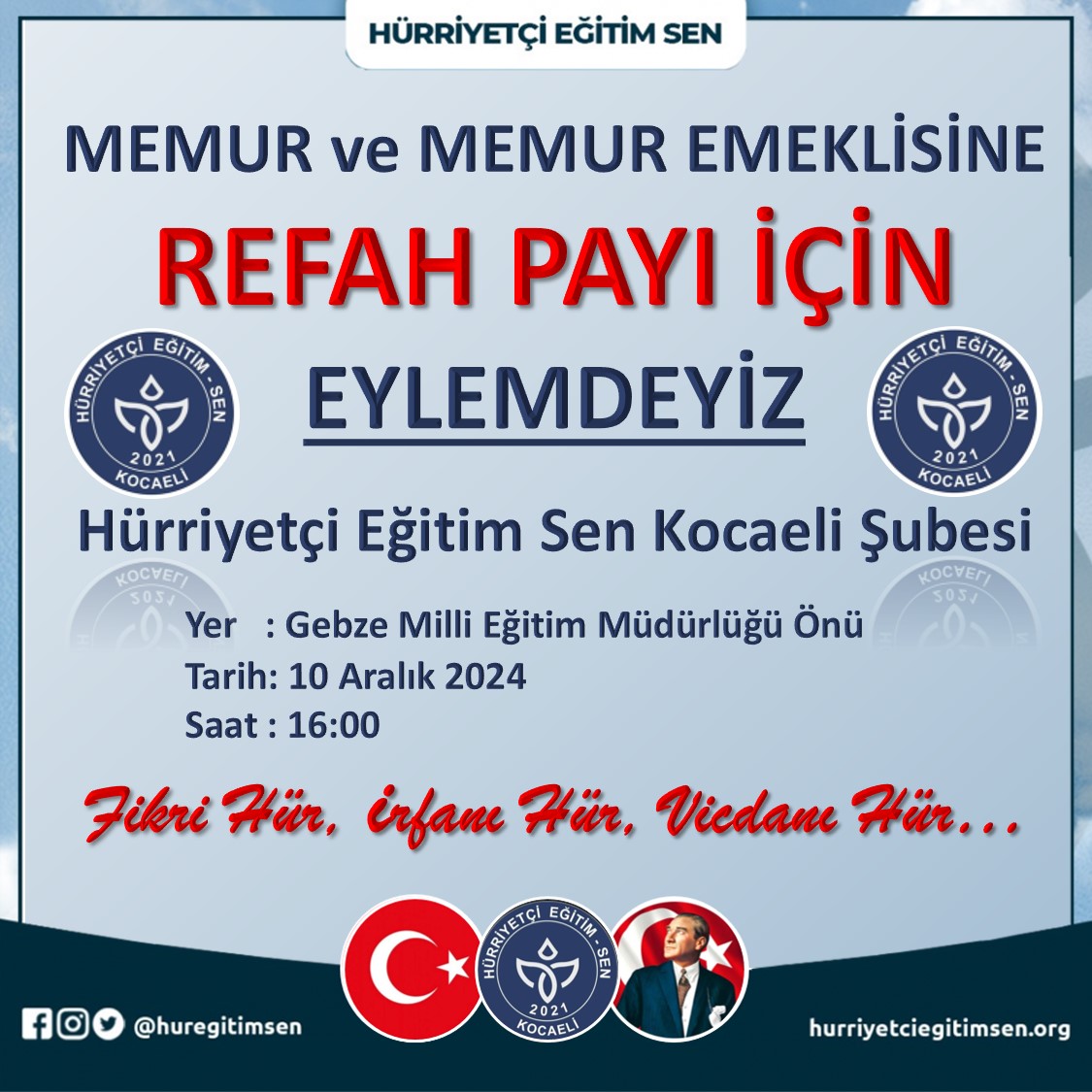 Eğitim çalışanlarının hür ve gür sesi olduk. ÖMK'de, mülakatlarda hakk gaspında, eğitimciye şiddette olduğumuz gibi ve 10 Aralık'ta meydanlarda olacağımız gibi.  "AND OLSUN HURRİYETE"e