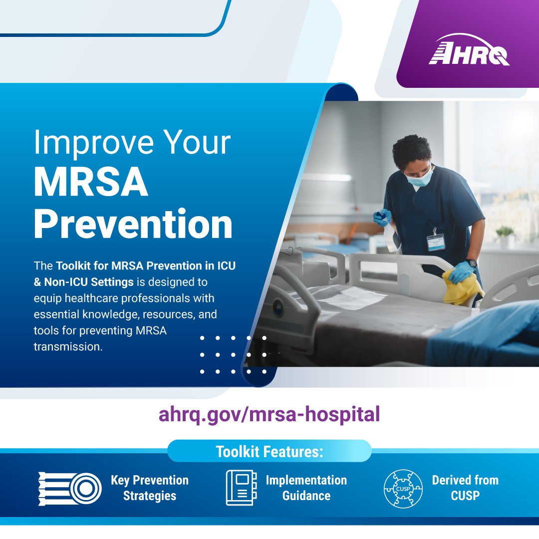 AHRQGov's tweet photo. During #NationalHandwashingAwarenessWeek, #AHRQ emphasizes the role of proper hand hygiene in combating MRSA. Access our practical toolkit to make a safety-first impact. https://t.co/voyzSXndVC https://t.co/IsB2GfJSBL