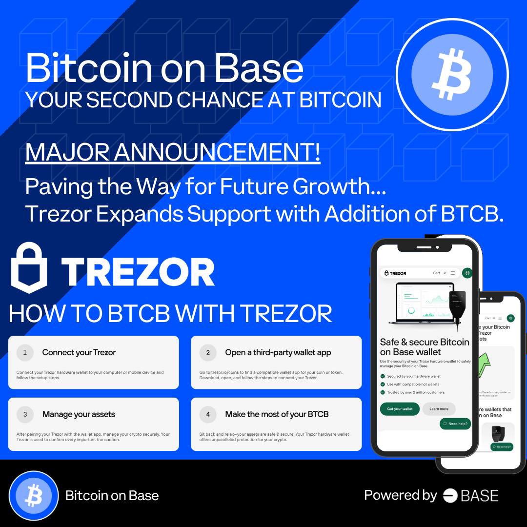 BTC_On_Base's tweet photo. 📣 ANNOUNCEMENT! You may now use the security of your @Trezor hardware wallet to safely manage your Bitcoin on Base $BTCB ✅ 

🔗  https://t.co/tZSlvHfKDt

@MetaMask pairing instructions: https://t.co/8AW0dB3BFX https://t.co/JkP2agrMzG