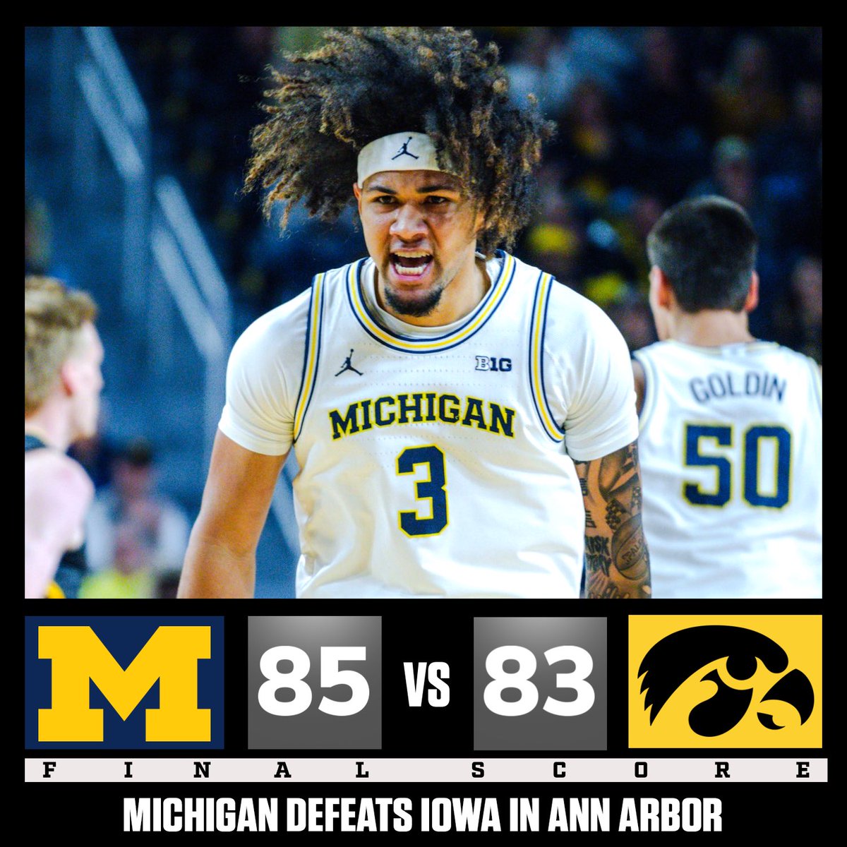 uofmcoverage's tweet photo. FINAL: Michigan defeats Iowa 85-83 in Ann Arbor and improve to 8-1 this season! 🔥 #GoBlue https://t.co/ou5k4veSYM
