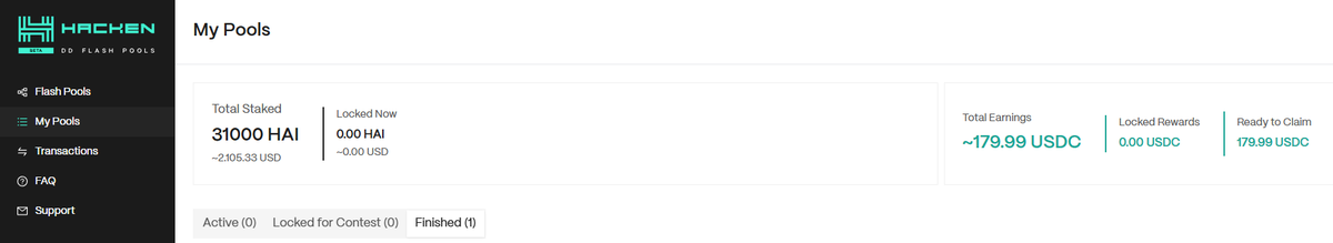 _xl1nk's tweet image. Just claimed $180 in rewards from @hackenclub  DD Flash Pools! 💸 Staked 31,000 HAI (~$2,105 USD) and it paid off! 🚀💰 Staking period ~ 30 days. #hacken #flashpool #reward #stake