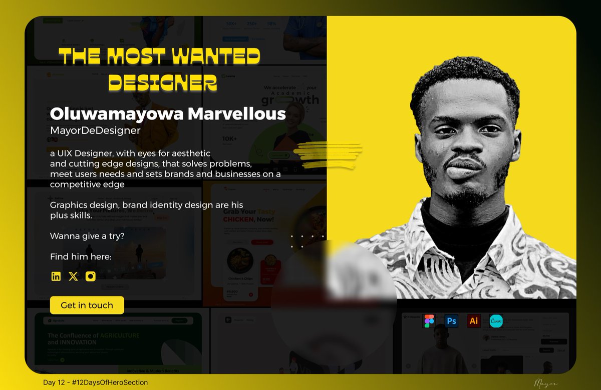 MayowaMarvie's tweet photo. And, finally! It's Day 12.

Today, I designed the hero section of my portfolio (proposed)
Sleek, captivating and aesthetic.

#12DaysofHeroSection #uiuxdesign https://t.co/lmjnghifDb