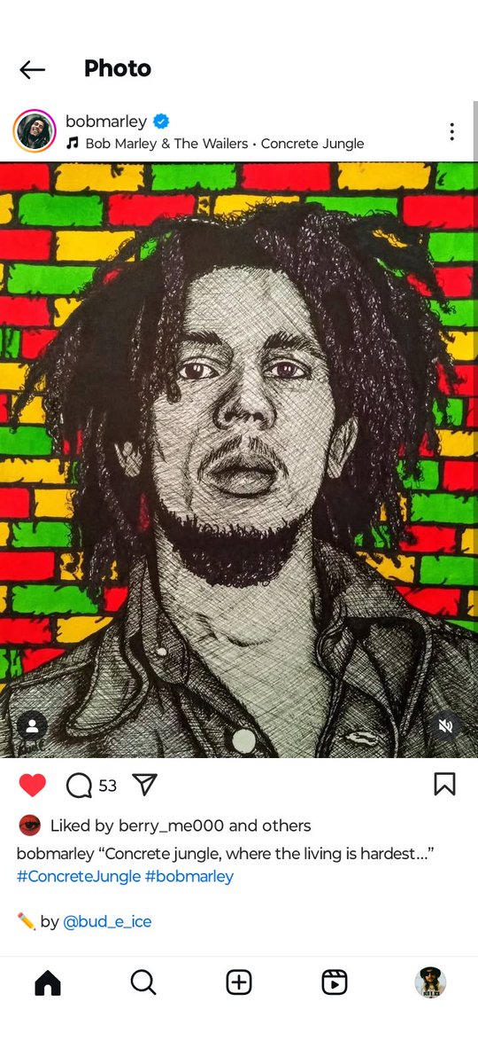 BudEIce's tweet image. Bob Marley&apos;s official Instagram page posted my drawing I did of him 😭😭