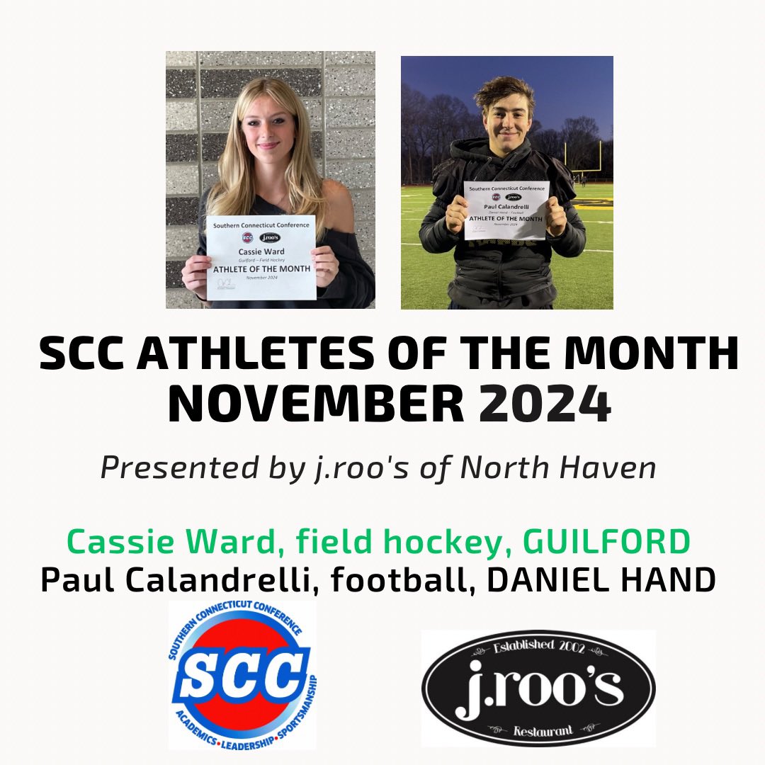 Congrats to <a href="/GHS_athletics_/">GHS Athletics</a> #ctfh Cassie Ward and <a href="/HandTigers/">@Handtigers</a> #cthsfb Paul Calandrelli, the SCC’s November Athletes of the Month, presented by j.roo’s of North Haven

southernconnecticutconference.org/guilfords-cass…