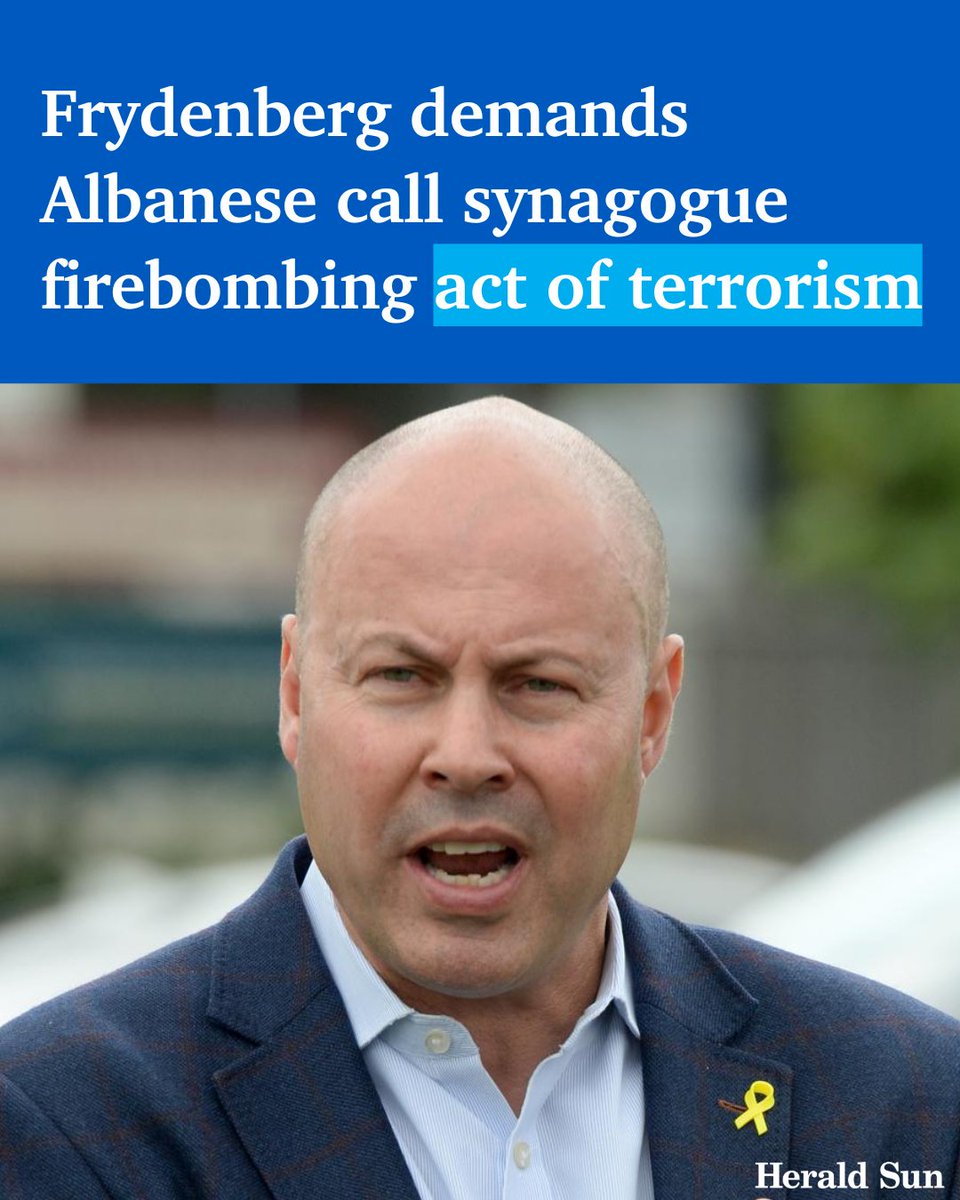 theheraldsun's tweet photo. Former treasurer Josh Frydenberg says the clock is ticking for Anthony Albanese to take action over a firebombing at a Melbourne synagogue, demanding the PM call it an act of terrorism and establish a national police taskforce to curb anti-Semitism. > https://t.co/T0D88RDf6Q https://t.co/uMbW6d7s9C