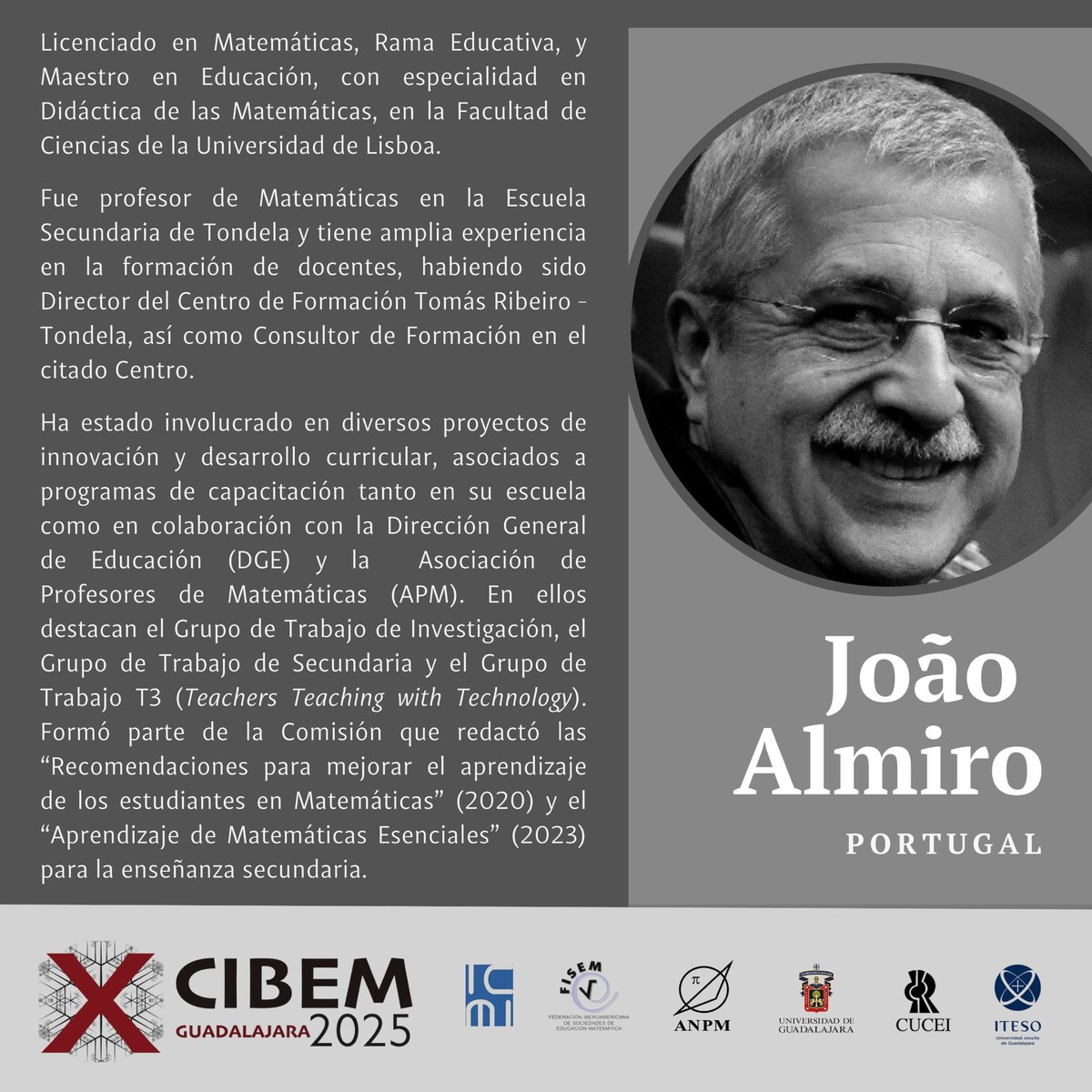 Conferencistas X CIBEM de la FISEM
Guadalajara, México; del 7 al 12 de julio de 2025.

El Comité Científico invita a profesoras y profesores interesados, a enviar sus propuestas de trabajos.

Recepción de propuestas e inscripciones:
cibem2025.com
