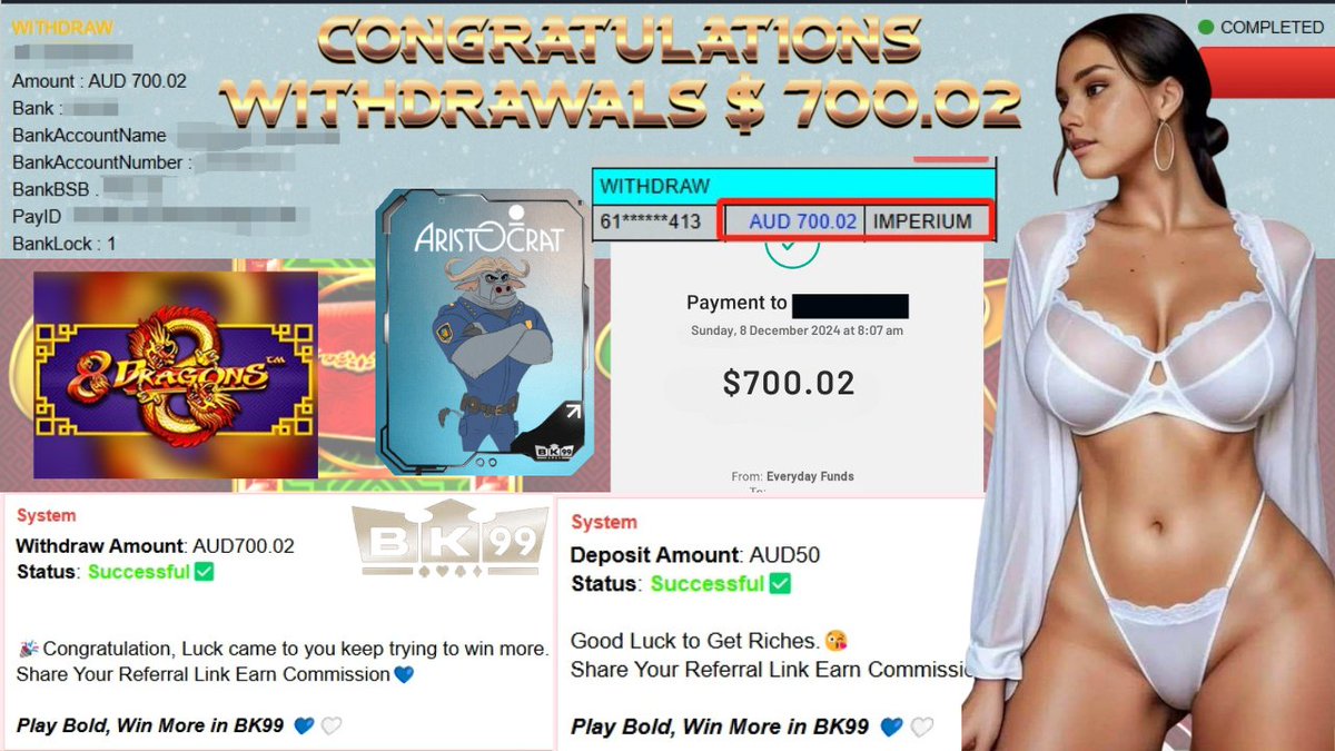 Bk01135350868's tweet photo. 🩵𝐁𝐊𝟗𝟗 LUCKY MEMBER WITHDRAW🤍
💵DEPOSIT AMOUNT : AUD 50
💵WITHDRAW AMOUNT : AUD 700.02
🕹PLATFORM : A1 IMPERIUM
🕹GAME : 8 DRAGONS
🎊"Play Bold, Win Big With 𝐁𝐊𝟗𝟗"🎊
🌐24Hours Customer Service https://t.co/0Zyn5mOBFM
🌐Register Now https://t.co/A34MPH0XXP https://t.co/XHXOk8DipR