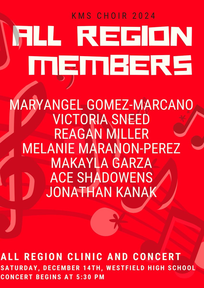 Congrats to these KMS Choir students for making the Region 33 Middle School All Region Choirs! Concert is Saturday, December 14th at 5:30 PM at Westfield HS! #KMSChoir #KMSCougarPride <a href="/HumbleISD_KMS/">Kingwood Middle</a>