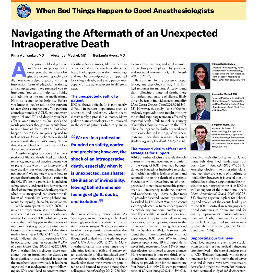 ASAMonitor's tweet photo. In “Navigating the Aftermath of an Unexpected Intraoperative Death,” read about:
🔸 The unexpected death of patients in the OR
🔸 The “second victim effect” and strategies for support
🔸 Support for trainees 
https://t.co/MFjaKisj5U

#anesthesiology #anesthesiologist https://t.co/vYlQMGtMgx