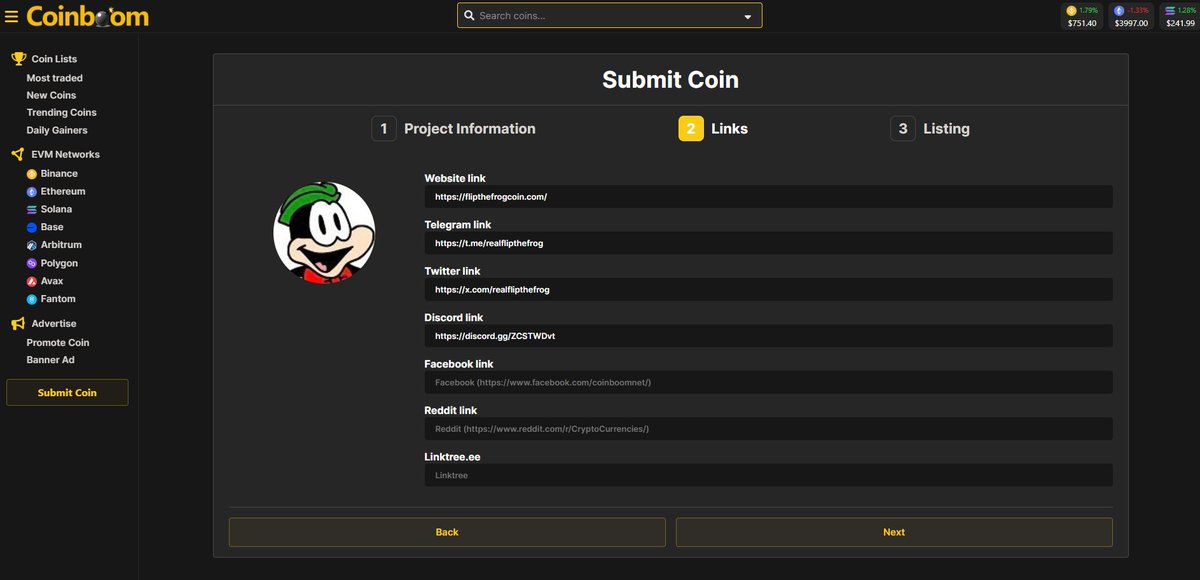 realflipthefrog's tweet photo. Our team has just listed the project on multiple platforms! 🚀 #WeBuildingHere $ETH $FLIP #FlipTheFrog https://t.co/NWiWB5YCob