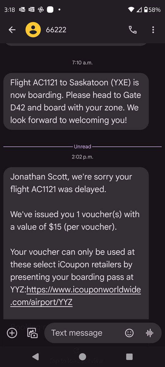 Jmitchell147's tweet photo. Hey @AirCanada , I didn't think you could make a 3 hour delay on the plane on the tarmac worse, but you did. Added insult to injury by sending us a meal voucher once we took off to be used only in YYZ (Toronto) airport. To bad we were flying from YYZ to YXE (Saskatoon) . https://t.co/58gzd6fJ3p