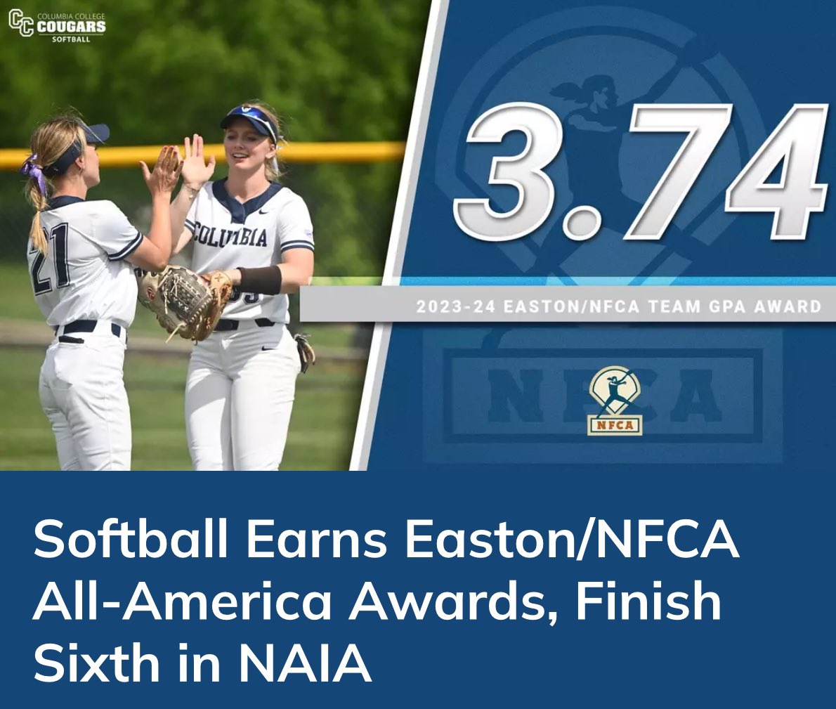 Columbia_SB's tweet photo. The 23/24 Cougar softball team was recognized today at the NFCA Awards Luncheon at the NFCA Convention in Dallas, Texas. Great job prioritize your academics and excelling on the softball field! 🥎🐾💙
#WeAreCC 
#CougarsSoftball https://t.co/FFRDIgKAGc