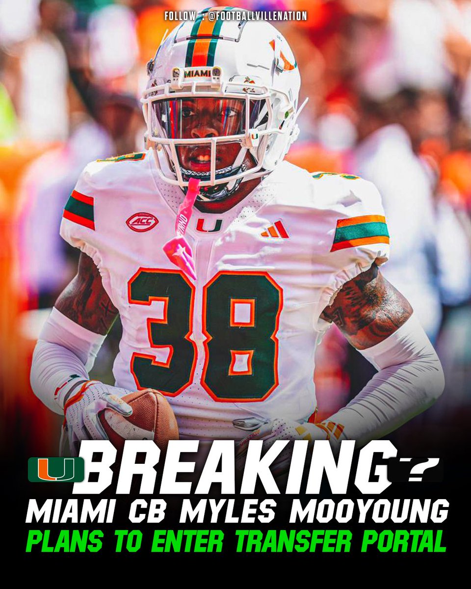 🚨 BREAKING NEWS 🚨
Miami Hurricanes CB Myles Mooyung 🌀 plans to enter the transfer portal.

The former ⭐⭐⭐ cornerback, who had offers from Boston College, Houston, Wash St, and Memphis, was the 1st and one of the few Miami CBs to grab an interception this season! 🏈💥
