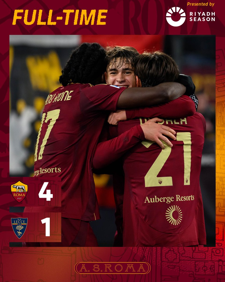 ASRomaEN's tweet photo. ⏱ FT | Back to winning ways in front of the Olimpico faithful  🏟

#ASRoma | #RomaLecce https://t.co/tUlA5s3S1N