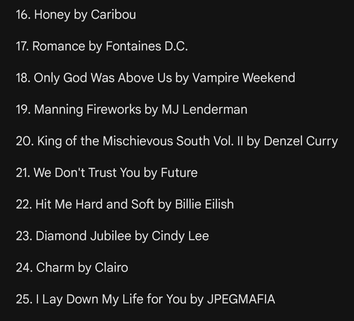 tlologn's tweet image. getting back on track after not doing a list last year. this has no order, it's just 25 albums i found myself coming back to. honorable mentions: 2093 by yeat, blue lips by scHoolboy q and cold visions by bladee.