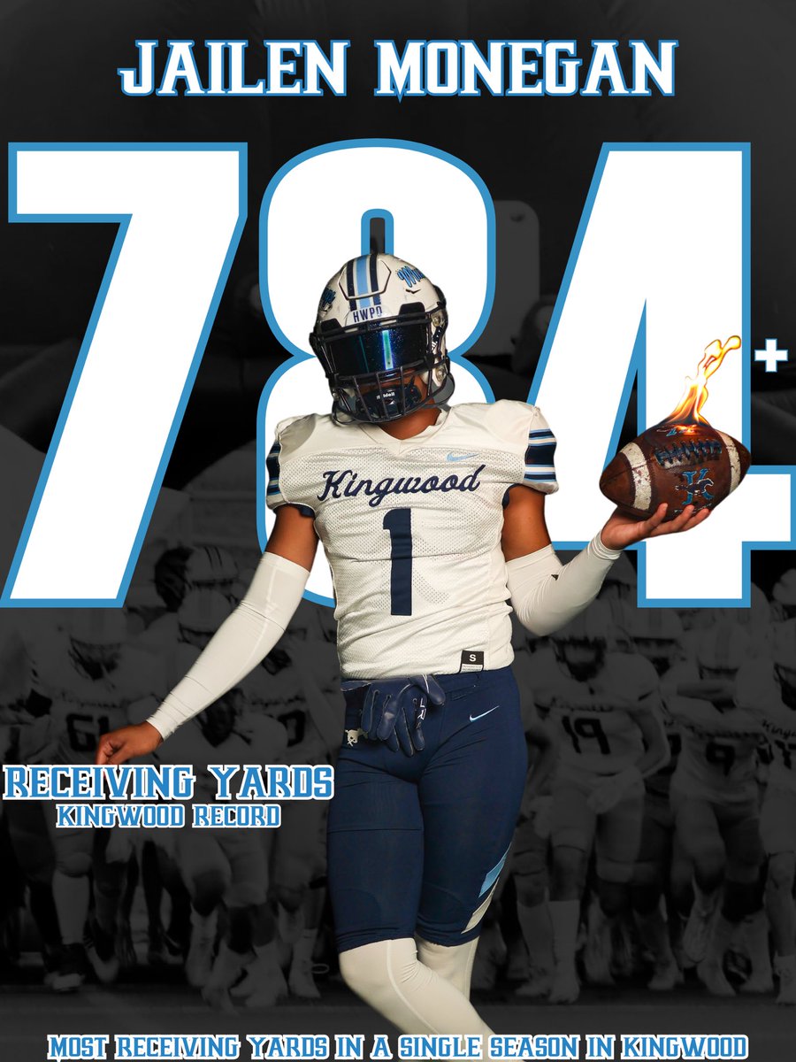 🚨New Record Holder 🚨

Congratulations to Jailen Monegan with that last Catch of 7 yards, he is now the record holder for Most Receiving Yards in a Single Season in Kingwood football History. 

#SFAW #HWPO #NoExcuses #Believe #BTA #KingwoodALLIN
