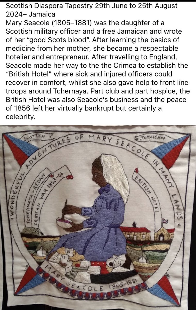 SirGeoffPalmer's tweet photo. Crimean War nurse Mary Seacole Scottish Diaspora Tapestry 🏴🇯🇲: Had the great honour of stitching this panel and contributing to the erection of her statue which stands in the gardens of St Thomas’ Hospital in London near Parliament. https://t.co/DO6ivl0NlV
