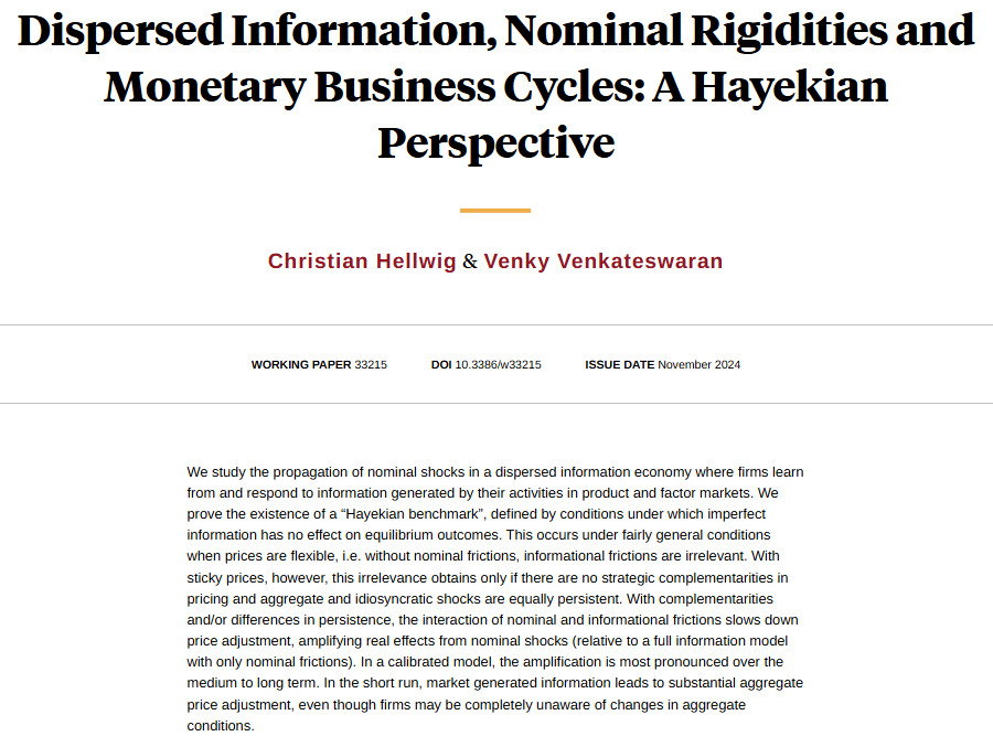 Studying the propagation of nominal shocks in a dispersed information economy where firms learn from and respond to information generated by their activities in product and factor markets, from Christian Hellwig and Venky Venkateswaran nber.org/papers/w33215