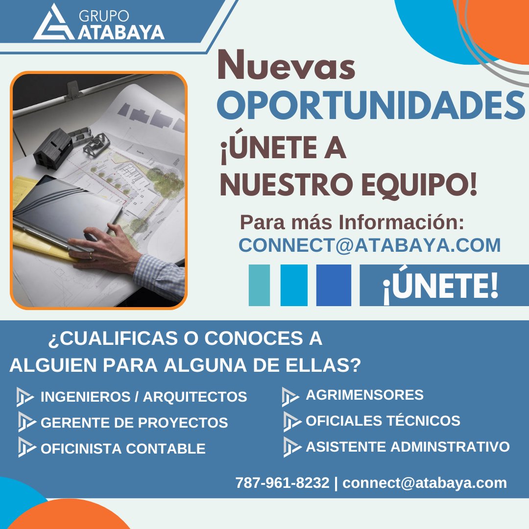 AtabayaGroup's tweet photo. 📢 Oportunidad única📢
¡Grupo Atabaya está contratando Oficiales Técnicos y Agrimensores! ¡Contáctanos para más detalles!

📩 connect@atabaya.com | 📞 787-961-8232

#GrupoAtabayaLLC #PuertoRico #Empleo #Trabajo https://t.co/LrOHS7N8lS
