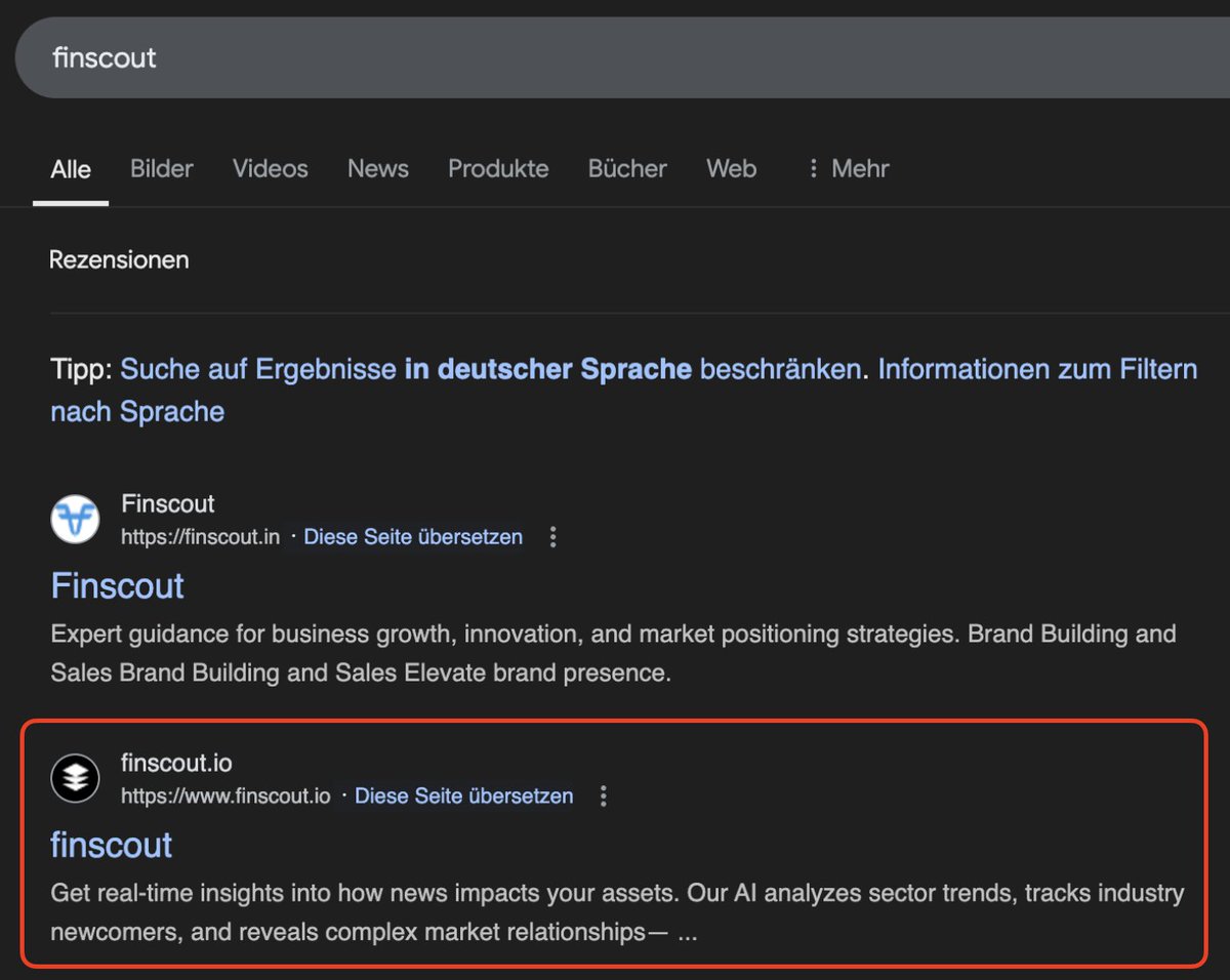 jonas_matthaei's tweet image. Day 6/20 of getting 100 paying customers
Seeing first SEO results🚀

Stats:
- 124 unique visitors on finscout.io
- 2 started onboarding
- 1 started free trial

First SEO results are in: Finscout jumped from page 2 (position 9) to 2nd place for &quot;finscout&quot; in just one…