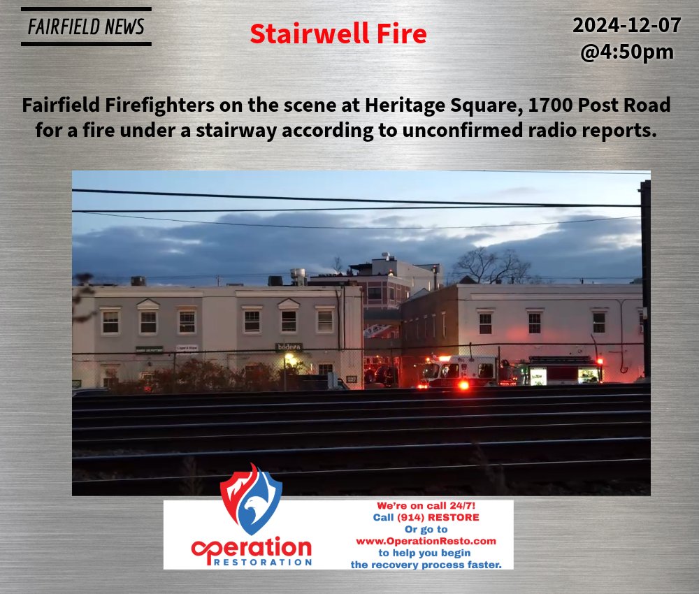 DoingItLocalcom's tweet image. Stairwell Fire - 
Fairfield Firefighters on the scene at Heritage Square, 1700 Post Road for a fire under a stairway according to unconfirmed radio reports.

2024-12-07@4:50pm–#Fairfield CT– #ctfire
 - doingitlocal.com/2024/12/stairw…