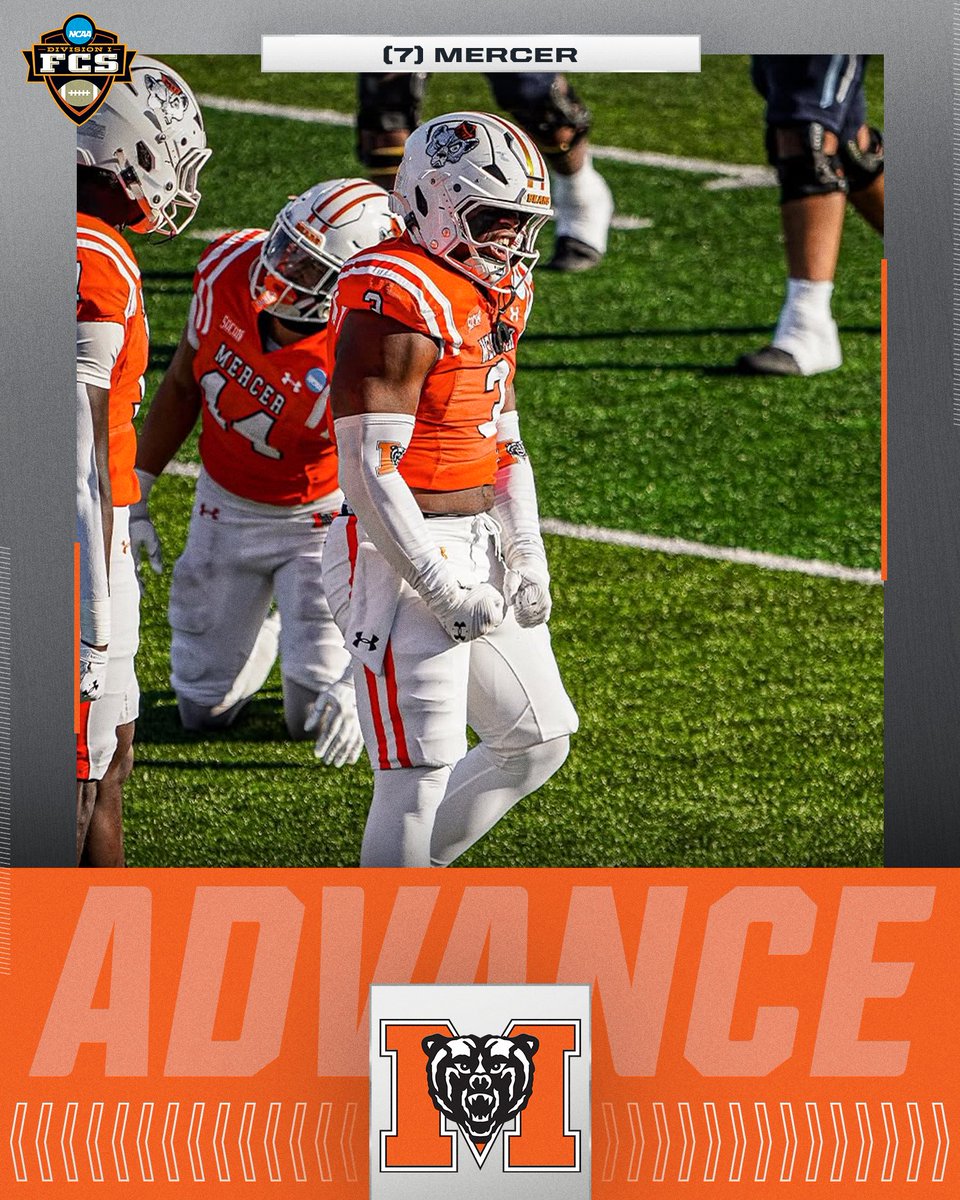 NCAA_FCS's tweet image. MERCER MAKIN’ MOVES 🐻 

(7) @MercerFootball defeats Rhode Island, 17-10, to advance to the Quarterfinals of the #FCSPlayoffs.