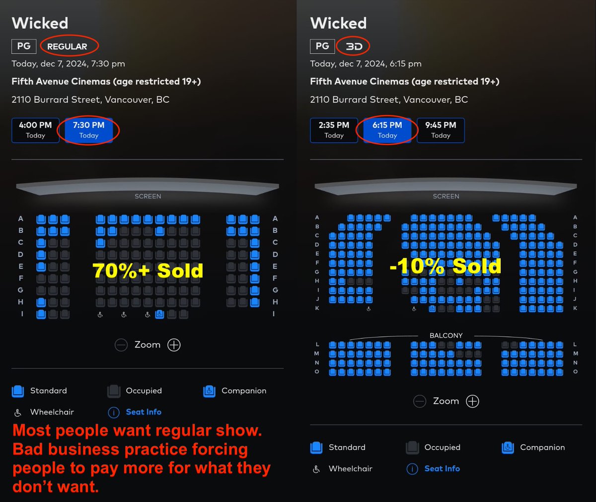 francislim's tweet photo. @CineplexMovies I want to go to the movie, but you keep forcing me to pay more for 3D (glasses so uncomfortable), AVX &amp; other features that I don't want. Just look at the comparison, 3D vs Regular. Most people want regular show. Bad business practice forcing 3D on people. I'll wait to stream. https://t.co/bs4QLU95Q9