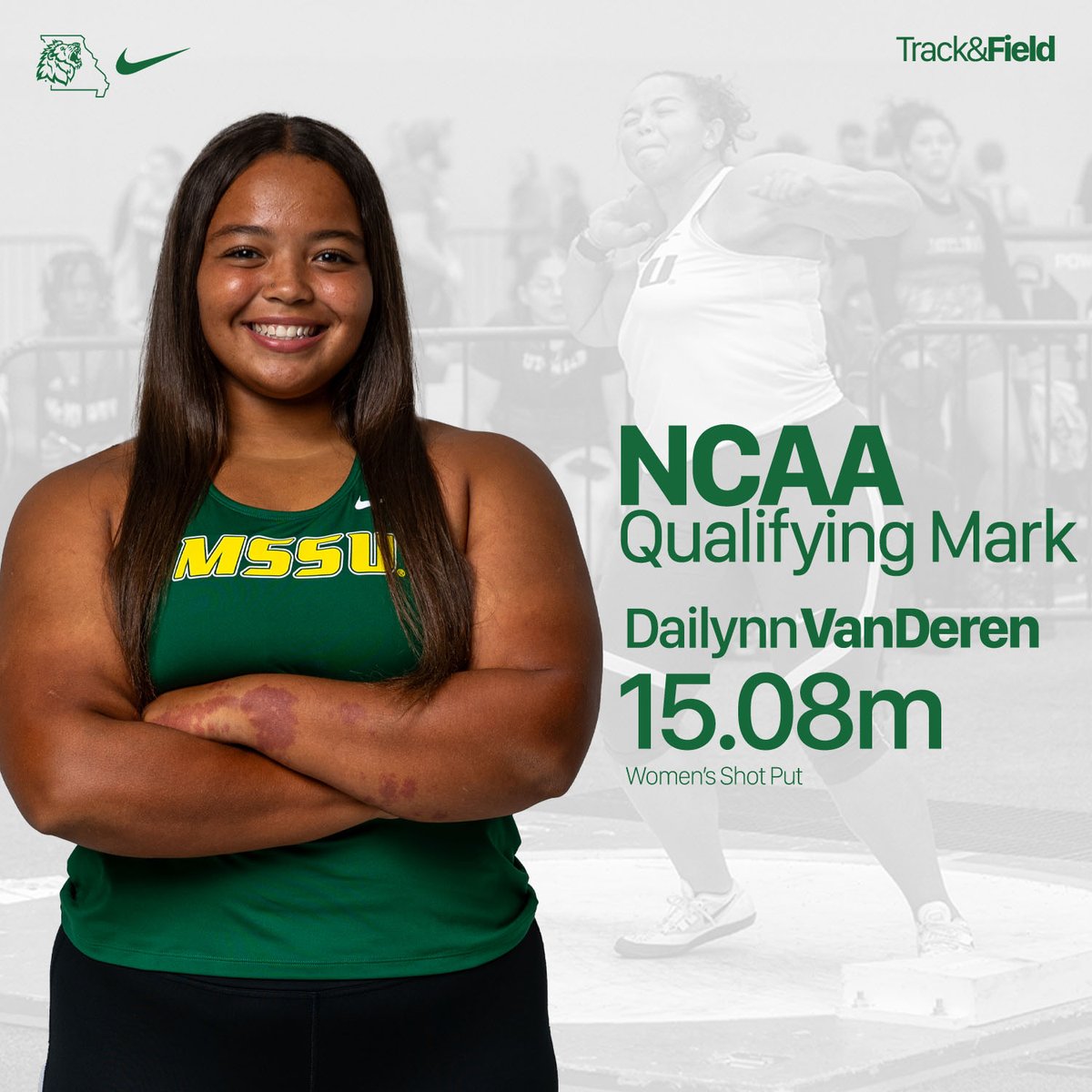 Dailynn VanDeren takes 3rd in the women's shot put with an NCAA Qualifying Mark of 15.08m, taking the 5th highest placement in MSSU history!