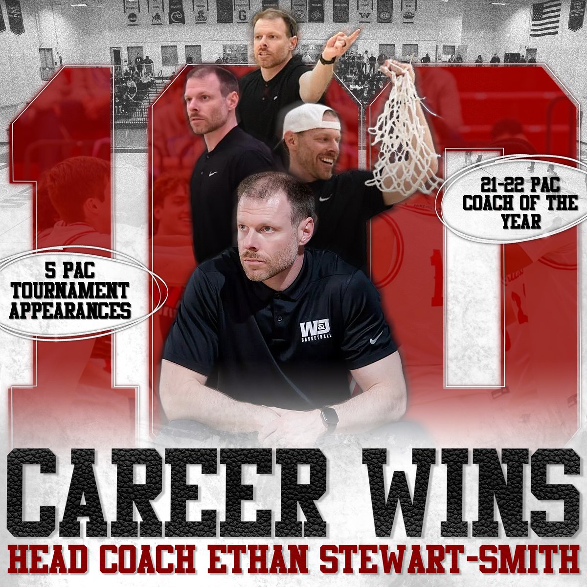 Congratulations to W&amp;J Head Men's Basketball Coach Ethan Stewart-Smith on earning his 100th career victory!

In fitting fashion, Coach Stewart-Smith logged his 100th victory over Bethany with a final score of 100-93.

Congrats Coach! 👏🏼

#PrezPride🔴⚫️