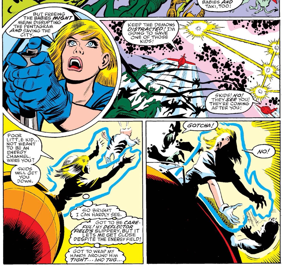 MarvelDailyArt's tweet photo. The X-Terminators fly their separate planes up to the pentagram to rescue the babies, and the New Mutants fly up to help them out. There’s not much to see here; it’s just a lot of flying around, fighting demons, and throwing babies. #marvel #xterminators https://t.co/wIpICiTbnx