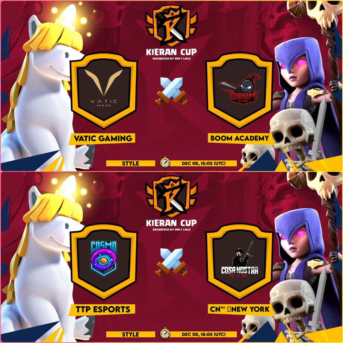 D O M I N G O ! 🥳

Vuelven los Domingos grandes de competitivo, ojo a lo que se viene! 💪

🏆 Kieran Cup / Pacheco Cup

✅Vatic Gaming [MMG] 🆚 Boom Academy
✅ SuperSonic 🆚 Royals Esports
✅ Team Diablo 🆚 Revengers
✅ TTP Esports 🆚 Cosa Nostra

16:00🇪🇸 12:00🇦🇷 09:00🇲🇽

📺