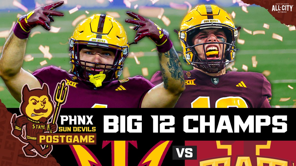 PHNX_SunDevils's tweet photo. 🏆 The Arizona State Sun Devils are Big 12 Champs 🏆

Cam Skattebo and Sam Leavitt led the charge in a dominant win over Iowa State. Arizona State has punched their ticket to the CFP! 

We’re about to go live, come join the celebration 🔱
📺: https://t.co/uDSfW36x50 https://t.co/UjQnpZ5nFV