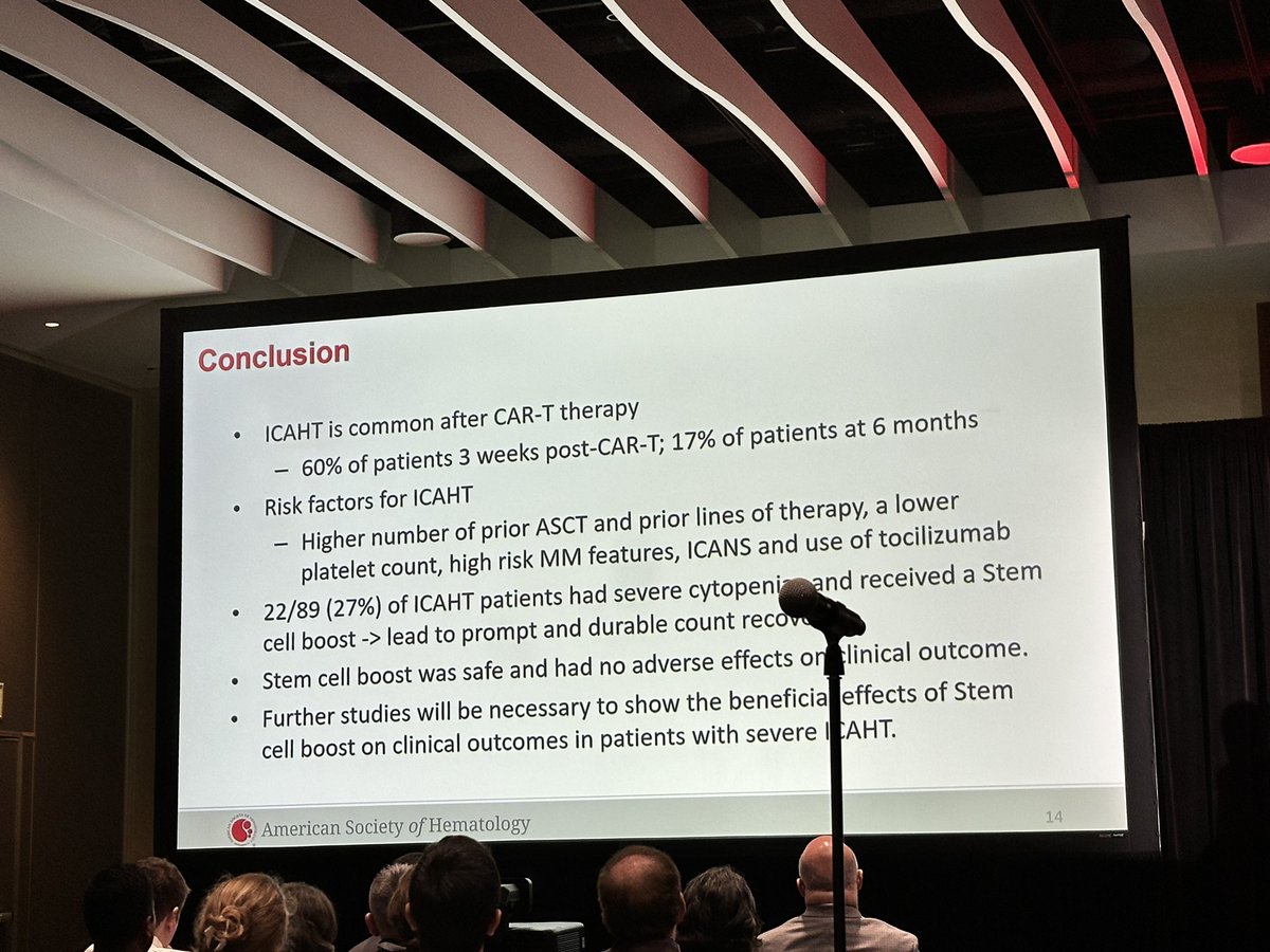 hhashmi87's tweet image. Great presentation on a very important topic by Carolina Scinke @MeeraMohanMD from MCW looking at day +21 stem boost for post CAR T cytopenia leading to early and durable recovery. Its time we do a large #CIBMTR study @RahulBanerjeeMD . #ASH24 #MMsm