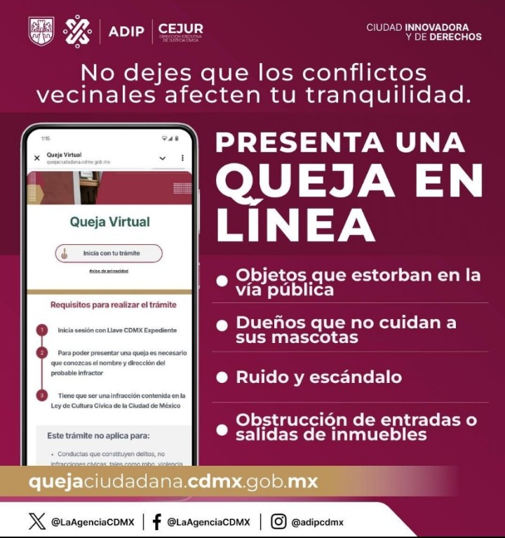 CDMXConsejeria's tweet photo. Ya puedes presentar una queja en línea por probable infracción cívica de tu vecino:

🔗 https://t.co/X5x2IKjYS5 https://t.co/sG5M6dlMQB