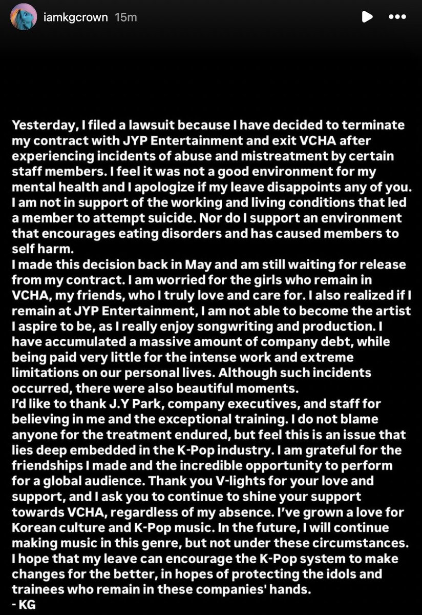 Jeff__Benjamin's tweet photo. Sharing news that is now public and encouraging all to treat it sensitively as it involves a minor

VCHA member KG, 17, has terminated her contact with JYP Entertainment and exited VCHA a day after a guardian for her filed a lawsuit in Los Angeles against JYP USA Inc

(Continued) https://t.co/DOnmDFEQhE