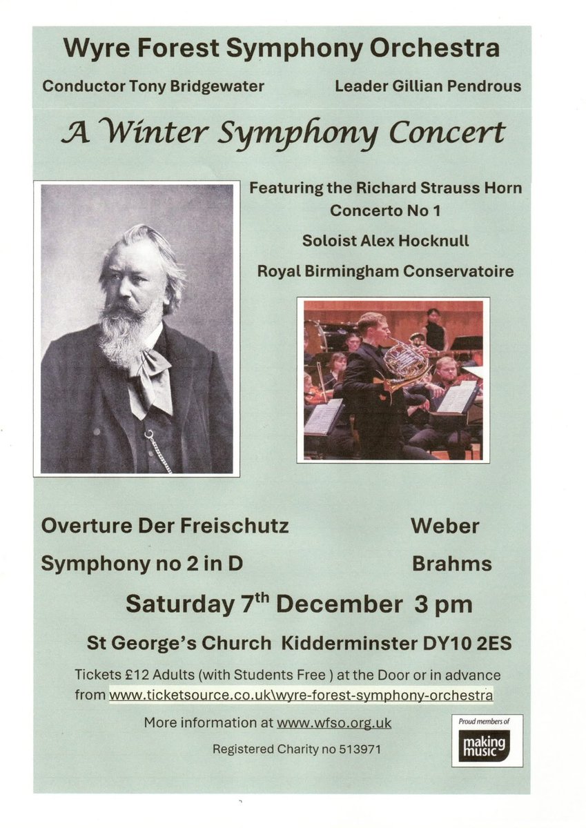 Had a great afternoon conducting the Wyre Forest Symphony Orchestra today. Fine performances by our members of Brahms’ second symphony and Weber’s  Freischutz overture, and it was a pleasure to accompany our excellent soloist Alex Hocknull in Strauss’ first horn concerto.
